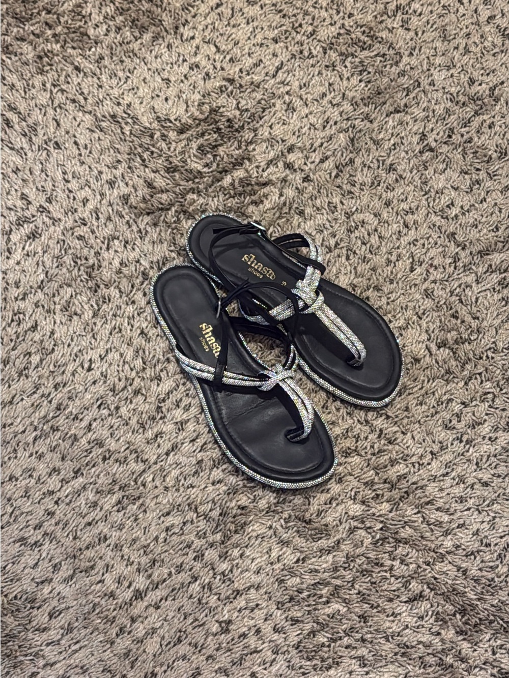 Shasa Black Rhinestone T-Strap Sandals with Sparkle Trim